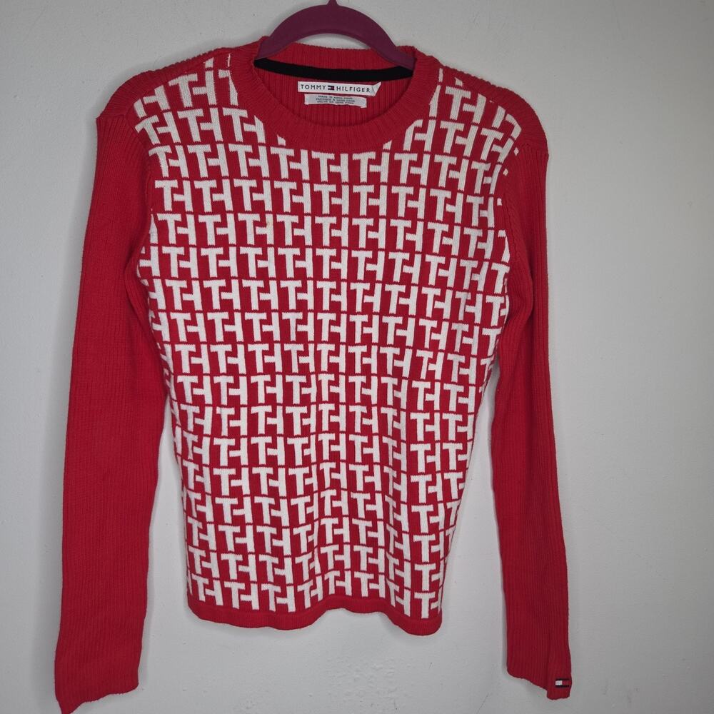Vtg Tommy Hilfiger Logo Ribbed Sleeves Y2K Sweater Red White Crew Women’s M